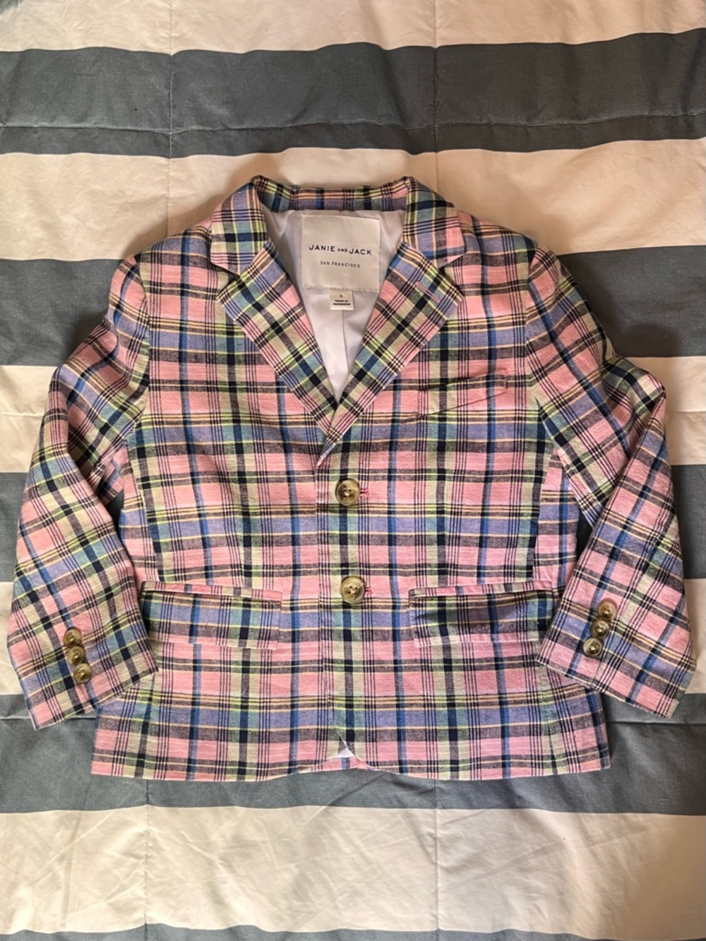 Janie & Jack pink plaid linen blazer - 3 - Picture 2 of 4